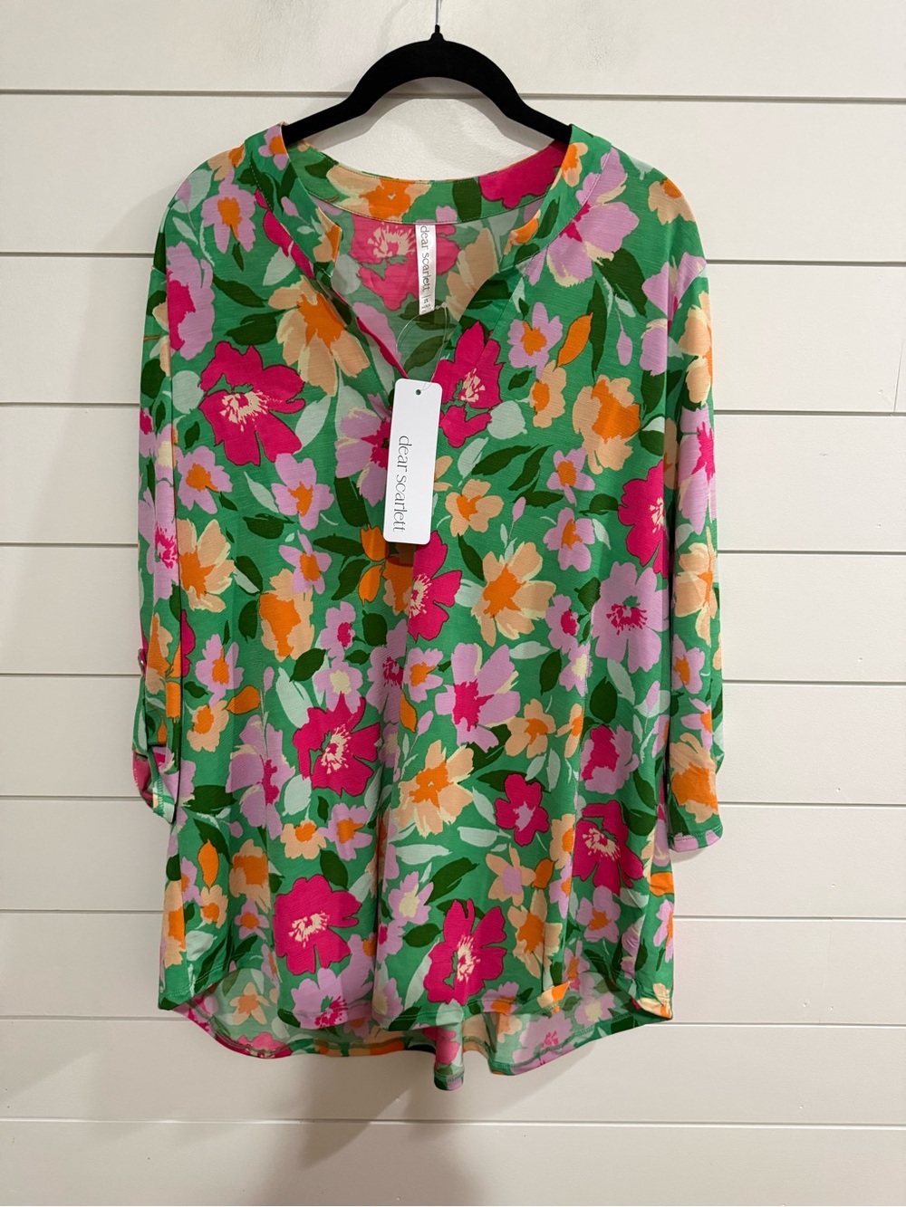 Scarlett Green Floral V-Neck Top with Pink & Orange Blooms